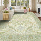 Kokia 8x10 Washable Sage Green Area Rugs with Vintage Orient Design Soft Rug for Living Room or Bedroom Non-Slip Low Pile Stain Resistance Features Distressed Medallion Pattern