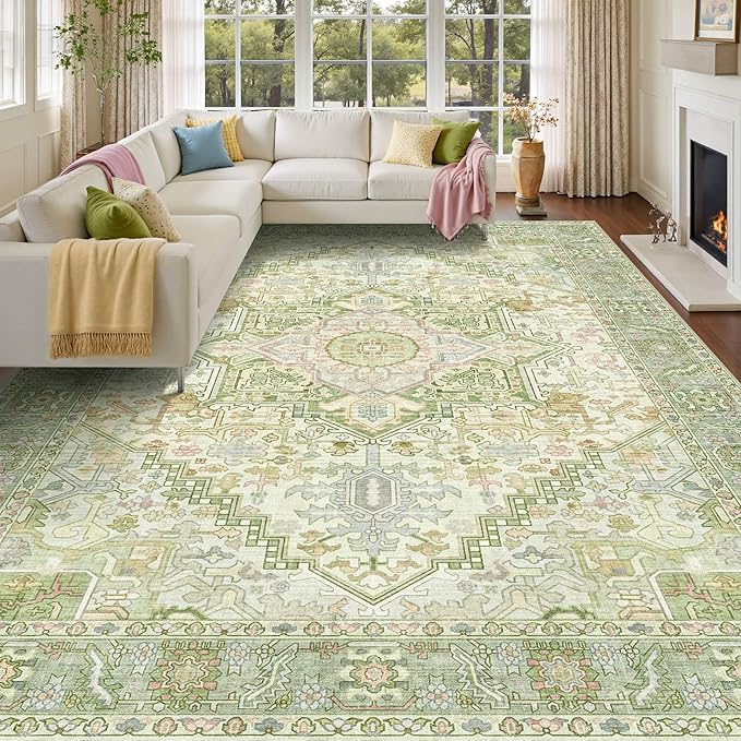 Kokia 9x12 Washable Sage Green Area Rugs with Vintage Orient Design, Soft Rug for Living Room or Bedroom, Non-Slip Low Pile Stain Resistance Features, Distressed Medallion Pattern