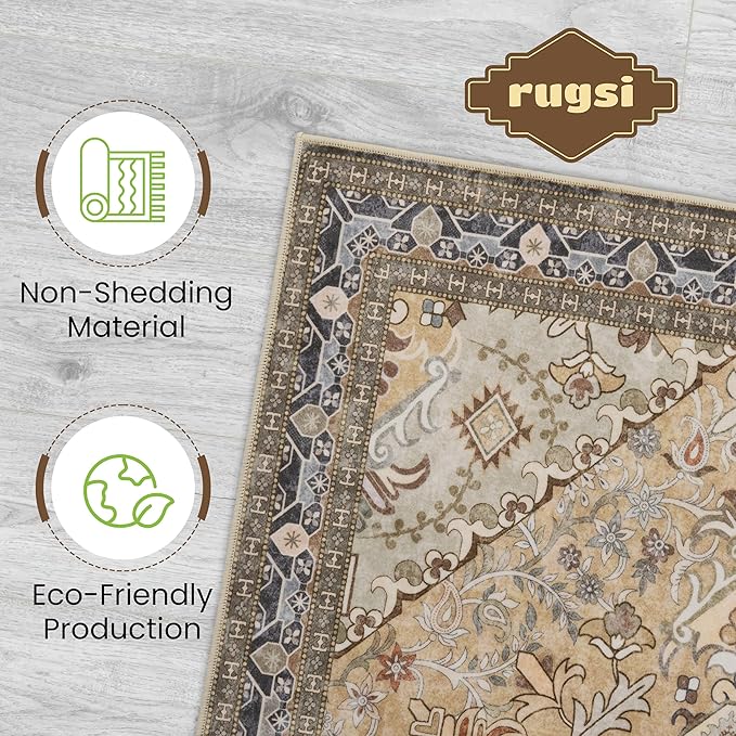 Washable Entryway Rug 3x5 | Non Slip Rug Runners for Hallways, Entryways, Kitchens, Bathrooms, Bedrooms | Ultra-Soft Flannel Carpet Kitchen Rug with Rubber Backing (Olive Brown, 3x5)