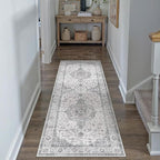 HUGEAR 2x6 Runner Rug Hallway Vintage Grey Machine Washable Neutral Floral Low Pile Carpet Vacuumable Thin Long Throw Rug Bedroom Office Bathroom Kitchen Laundry Non Slip Soft Lightweight