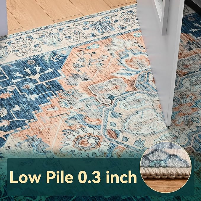 YJ.GWL Area Rugs for Living Room 5x7 Machine Washable Rugs, Non Slip Floral Vintage Rug Indoor Carpet, Stain Resistant Large Rug for Bedroom Dining Room, Dark Blue