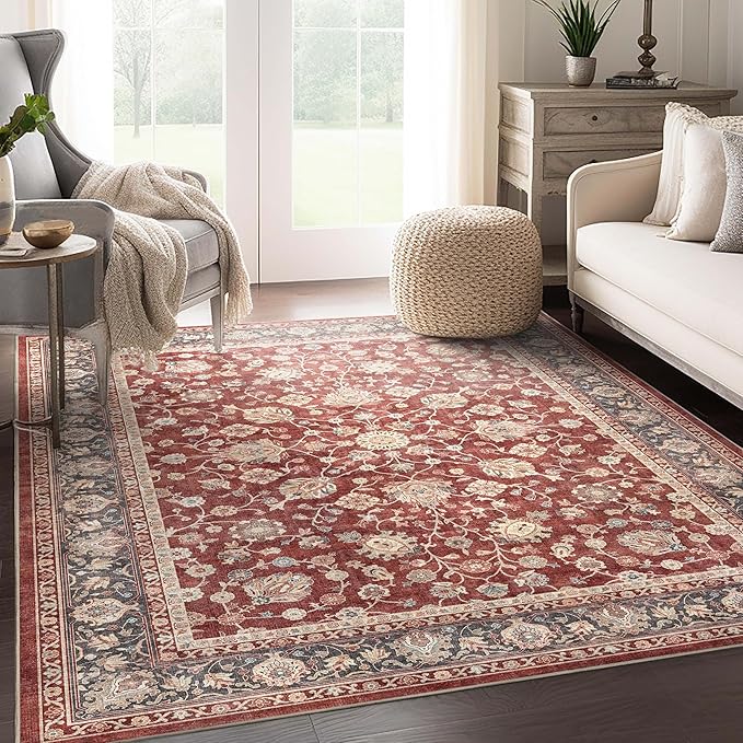 Well Woven Asha Rome Red 5'3" x 7'3" Area Rug - Oriental Floral Pattern, Easy Clean, Floor-Friendly Backing - for Living Room, Bedroom, and Dining Room