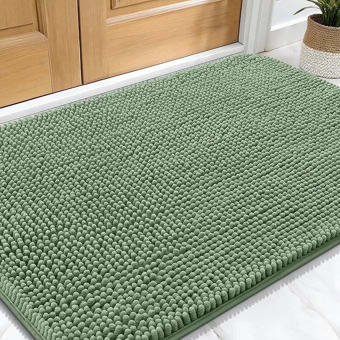 OLANLY Dog Door Mat for Muddy Paws 34x21, Absorbs Moisture and Dirt, Absorbent Non-Slip Washable Doormat, Quick Dry Chenille Mud Mat, Entry Indoor Entryway Carpet for Inside Floor, Olive Green