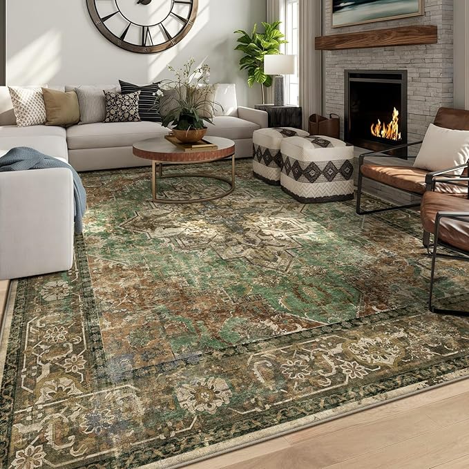 8x10 Machine Washable Area Rug for Living Room, Brown Green Boho Vintage Floral Rug Large Non-Slip Low Pile Soft Faux Wool Carpet, Kids and Pets Friendly for Bedroom Dining Room Farmhouse Decor Rug