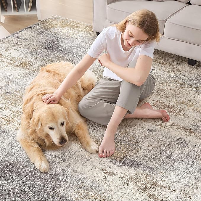 Area Rug Living Room Rugs - 8x10 Washable Large Soft Indoor Neutral Modern Abstract Low Pile Rug Carpet for Bedroom Dining Room Farmhouse Home Office - Brown Grey