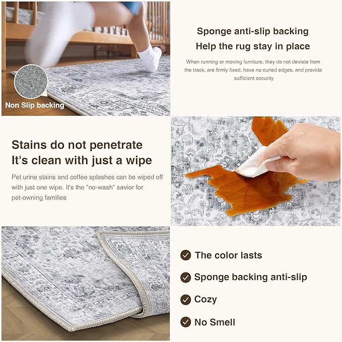 HUGEAR Washable 9x12 Area Rugs Retro Grey Living Room Bedroom Rug Vintage Distressed Non Slip Stain Resistant Low Pile Neutral Throw Carpet for Home Decor