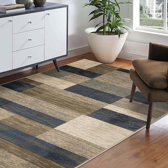 Superior Indoor Area Rug, Jute Backed, Modern Geometric Patchwork Floor Decor for Bedroom, Office, Living Room, Entryway, Hardwood Floors, Rockwood Collection, 4' x 6', Midnight Navy