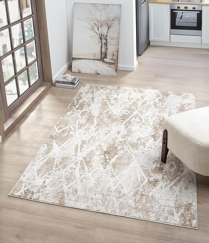 Adel Modern Area Rug for Living Room, 8x10 Rustic Distressed Abstract Large Beige Neutral Rug, Medium Pile Stain Resistant Carpet for Bedroom, Dining Room or Kitchen (8' x 10', Beige)