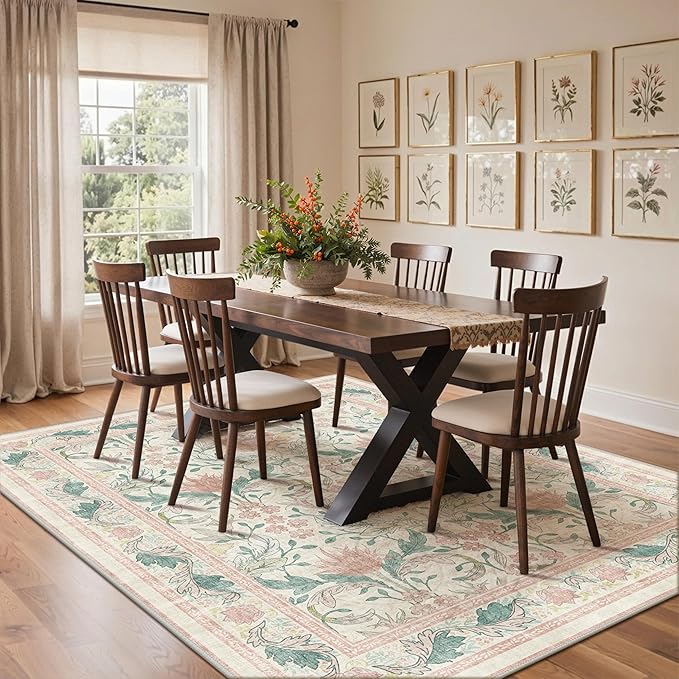 Bavni 8x10 Area Rugs for Living Room, Microfiber Machine Washable Non-Slip Vintage Floral Rug, Low Pile Lightweight Carpet for Bedroom, Dining Room, Home Office, Beige&Pink