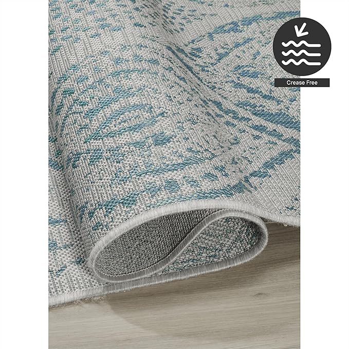 FH Home Flat Woven Outdoor Rug - Waterproof, Easy to Clean, Stain Resistant - Premium Polypropylene Yarn - Distressed Farmhouse - Large Patio, Deck, Sunroom - Granada - Aqua - 7ft 10in x 10ft 9in