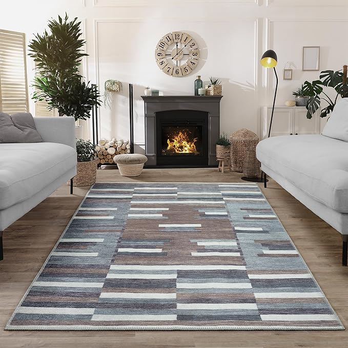 Bloom Rugs Washable Non-Slip 9' x 12' Rug - Blue/Brown Striped Area Rug for Living Room, Bedroom, Dining Room, and Kitchen - Exact Size: 9' x 12'
