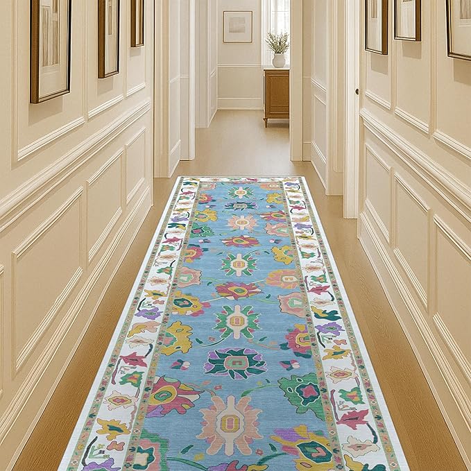 Fame Living Colorful Oushak Runner Rug, Modern Runners, Turkish, Eclectic, Floral, Pastel, Washable, Small Throw Rugs, Short Runner for Entryway, Laundry, Foyer, Bedroom, Kitchen, Bathroom, 2'5"x6'5"