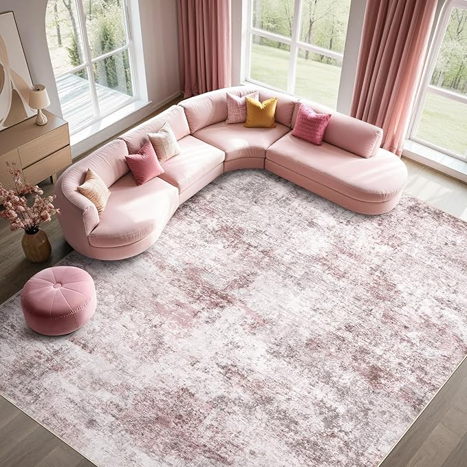 9x12 Area Rug Living Room Rugs - Washable Neutral Modern Abstract Soft Thin Large Rug Indoor Floor No Slip Rug Carpet for Bedroom Under Dining Table Home Office Decor - Pink