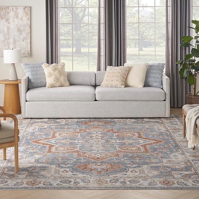 Nourison Home Astra Machine Washable Traditional Denim Multi 7'10" x 10' Area Rug, Easy Clean, Non Shedding, Bed Room, Living Room, Dining Room, Kitchen (8x10)