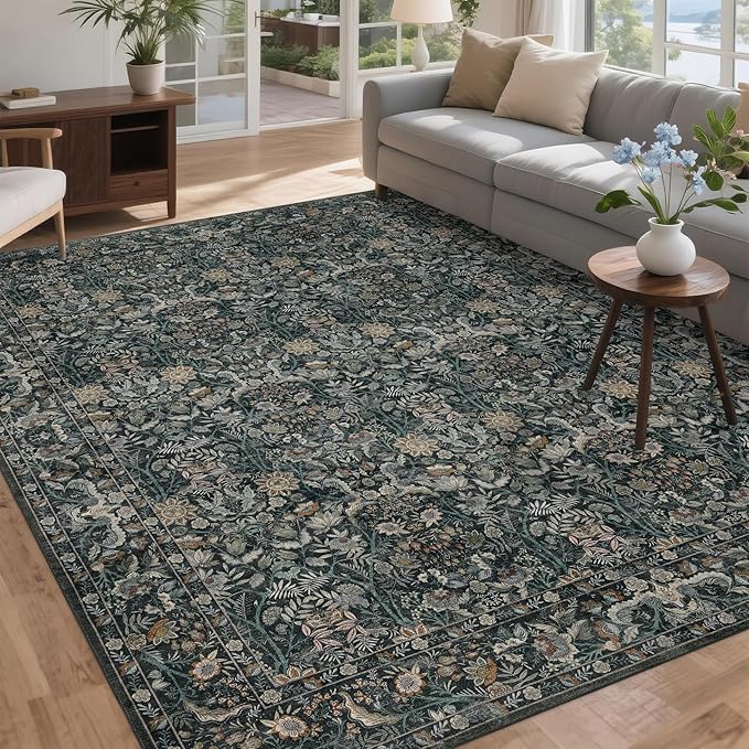 Washable Living Room Rug: 9x12 Boho Floral Soft Area Rug for Bedroom Decor - Vintage Low Pile Thin Carpet for Dining Room Non-Slip - Farmhouse Stain Resistant Rugs - Dark Green
