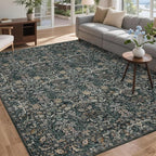 Washable Living Room Rug: 9x12 Boho Floral Soft Area Rug for Bedroom Decor - Vintage Low Pile Thin Carpet for Dining Room Non-Slip - Farmhouse Stain Resistant Rugs - Dark Green