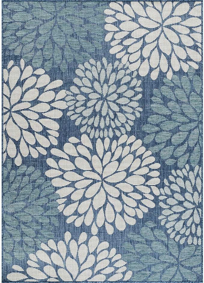 Beverly Rug Outdoor Rug 10x14 Modern Exotic Tropical Leaf Area Rugs for Indoor and Outdoor Patio Deck Porch Garden Water Resistant Washable Outside Carpet (10 x 14 Blue)