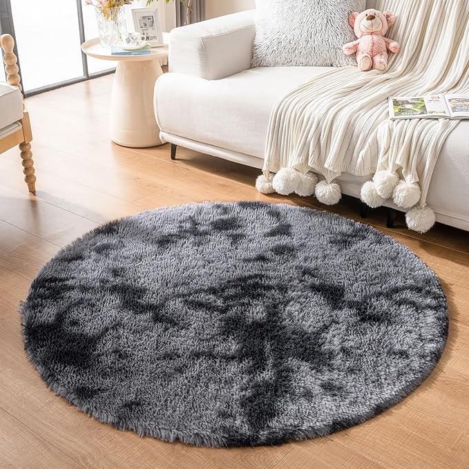 duduta Grey Plush Round Rug 4x4 ft, Tie Dye Gray Fluffy Shag Rugs for Bedroom Classroom Nursery Playroom Dorm Decor, Washable Non Slip