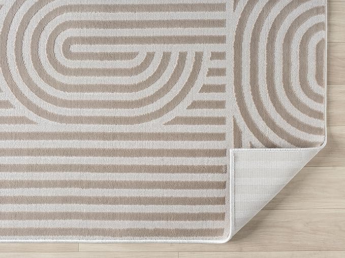 Annabel Modern Geometric Area Rug for Living Room, 8x10 Contemporary Arched Linear Beige Neutral Rug, Stain Resistant Non-Shedding Carpet for Bedroom, Dining Room, Kitchen (8' x 10', Beige)