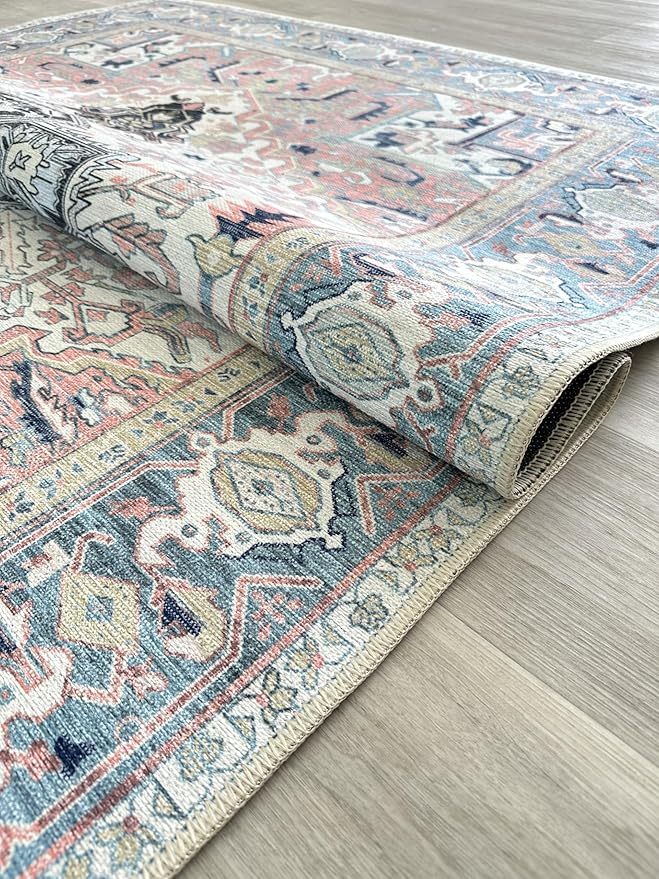 Fame Living Faded Oushak Rug, Turkish Vintage Floral Pastel Large Oversized Area Rugs for Living Room Dining Bedroom Kitchen Bathroom Nursery (848CrNv, 2' x 3')