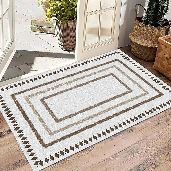 Moroccan Farmhouse Area Rugs 4x5ft, Neutral Geometric Pattern in Off-White Rug, Low Pile Machine Washable & Non-Slip Soft Carpet for Living Room, Bedroom & Dining Room