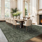 10x14 Washable Area Rugs for Living Room, Green Vintage Boho Large Rug for Bedroom Dining Room Office, Distressed Floral Floor Carpet Soft Non Slip Low Pile Farmhouse Indoor Mat