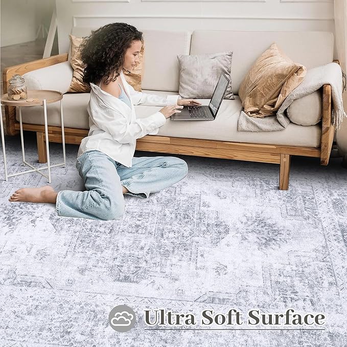 Area Rug 8x10 Living Room Rug, Machine Washable Vintage Distressed Medallion Rug Non-Slip Soft Low Pile Large Indoor Rugs for Bedroom Kitchen Dining Room Office(LightGrey,8'x10')