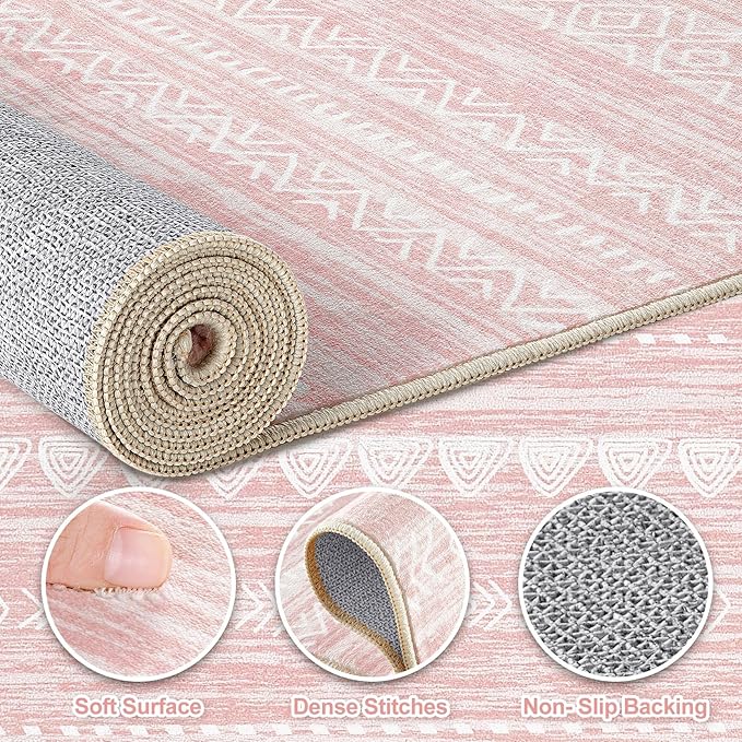 Nakagishi Round Rug Kitchen Washable Rugs: 4x4 Non-Slip Boho Soft Modern Stain Resistant Indoor Floor Neutral Farmhouse Throw Carpet for Hallway Bathroom Laundry Room Entryway Bedroom- Pink