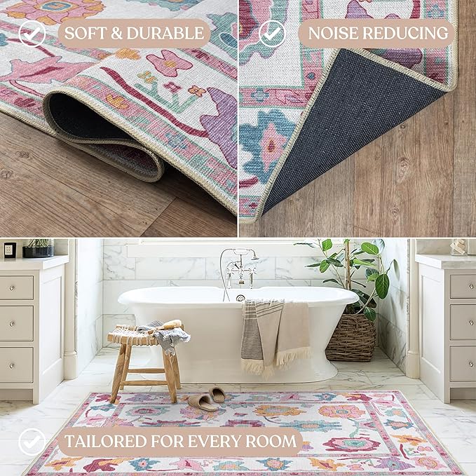 Fame Living Pink Oushak Rug, Modern Small Rugs, Vintage, Turkish, Eclectic, Floral, Pastel, Washable, Door mat, Doormat for Indoor Entrance, Entryway, Kitchen, Bathroom, Bedroom, Laundry, 2'x3'