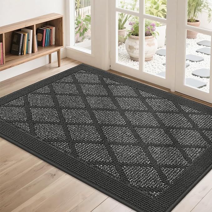 COSY HOMEER Non-Slip Door Mat 32"x48", Entryway Rugs Low Profile Absorbent Dirt Trapper Doormat for Front Entrance, Washable Polypropylene Entry Mat (Dark Grey)