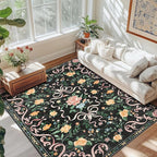 Black Rug Bow Floral 8x10 Rug, Washable Area Rugs for Bedroom Living Room, Dining Room,Kids Room, Office,Playroom, Boho Modern Aesthetic Farmhouse Decor Non Slip Low Pile Carpet