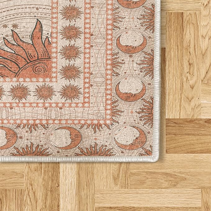 Ambesonne Sun and Moon Decorative Rug, Bohemian Artwork Design of Crescent Solar Ornament Esoteric Stars Ornaments, Quality Carpet for Bedroom Dorm and Living Room, 2' 2" x 3' 7", Burnt Sienna