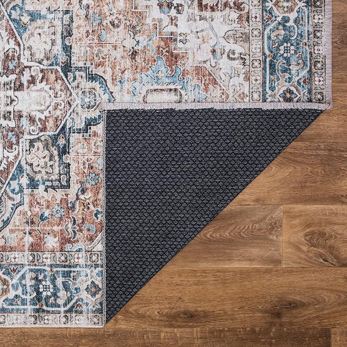 Bloom Rugs Caria Washable Non-Slip 9x12 Rug - Terracotta/Blue Traditional Area Rug for Living Room, Bedroom, Dining Room, and Kitchen - Exact Size: 9' x 12'