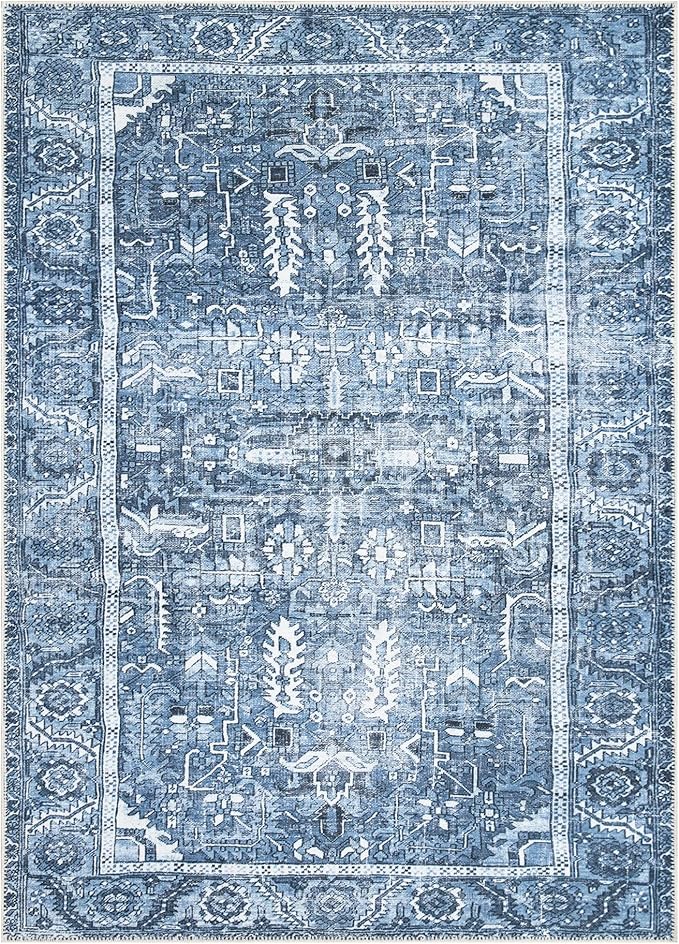 Bloom Rugs Washable Non-Slip 5' x 7' Rug - Blue Traditional Area Rug for Living Room, Bedroom, Dining Room, and Kitchen - Exact Size: 5' x 7'