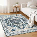 EnHomee 3x5 Washable Area Rugs for Bedroom, Boho Vintage Rugs, Foldable Area Rug for Dining Room, Non-Slip Soft Living Room Rug, Low Pile Large Carpet for Bathroom, Blue and White