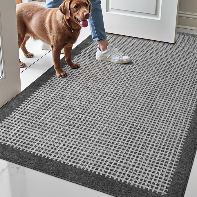 LUMI Inside Door Mat for Entry 36''x59'', Absorbent, Dirt Trapper, Low Profile Thin, Non Slip Mats with Rubber Backing, Ideal for Indoor, High Traffic, Garage, Entrance, Checkered Grey