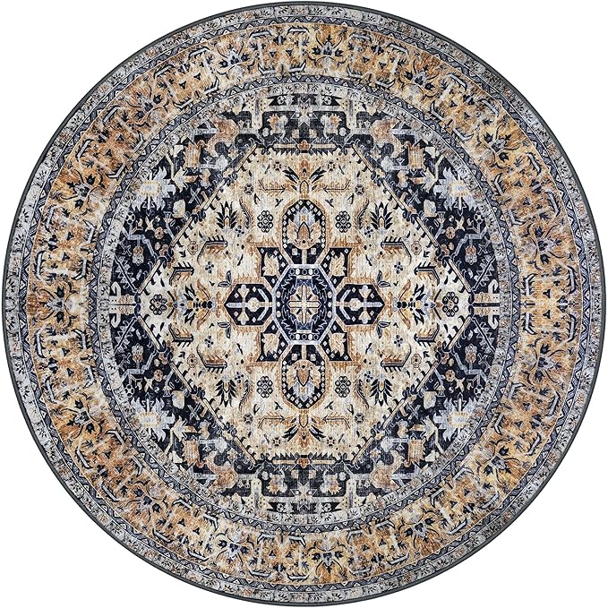 KOZYFLY Round Rug, 6 Ft, Washable, Non Slip, Living Room, Dining Room, Gold Navy
