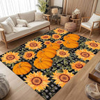 Autumn Style Area Carpet, 4x5ft, Checkered with Sunflower and Pumpkin Fall Harvest Large Flower Rug, Fluffy Short Pile Rubber Backed Farmhouse Door Mat for Study Room Front Door