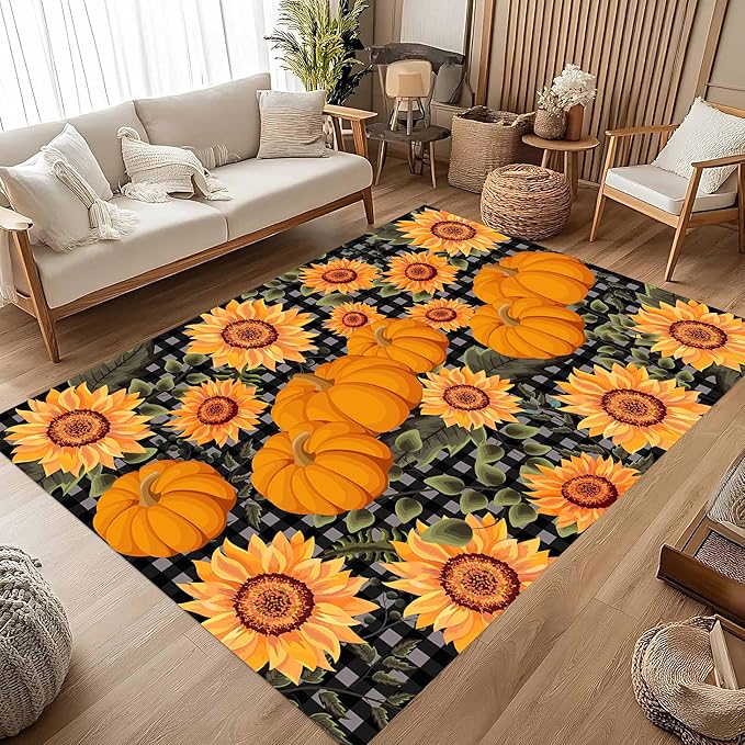 Autumn Style Area Carpet, 3x5ft, Checkered with Sunflower and Pumpkin Fall Harvest Large Flower Rug, Fluffy Short Pile Rubber Backed Farmhouse Door Mat for Study Room Front Door