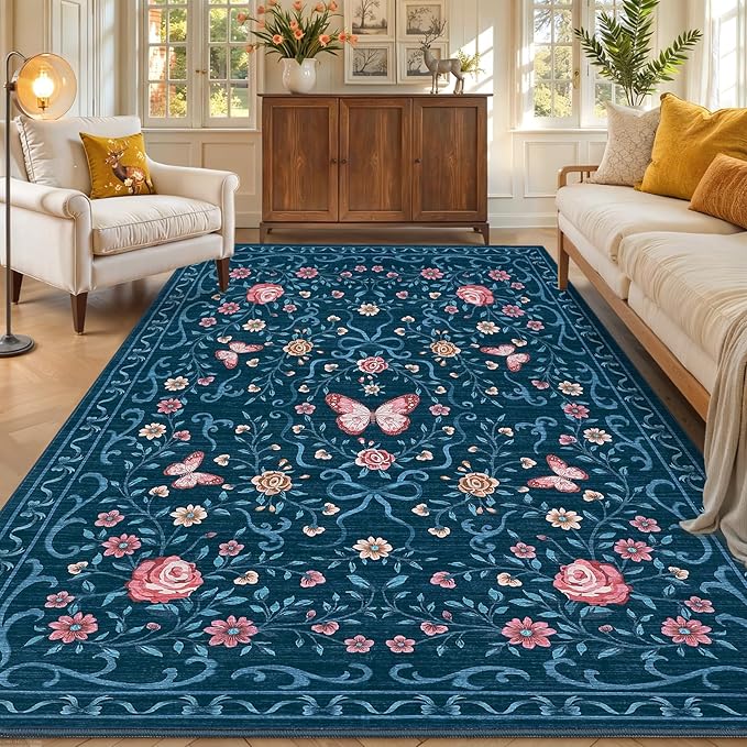 GarveeHome 8x10 Area Rugs for Living Room Washable Rugs Non Slip Stain Resistant Bedroom Floral Rugs Low Pile Soft Dining Room Throw Carpet Blue Bow Large Carpet for Home Office Decor, 8x10