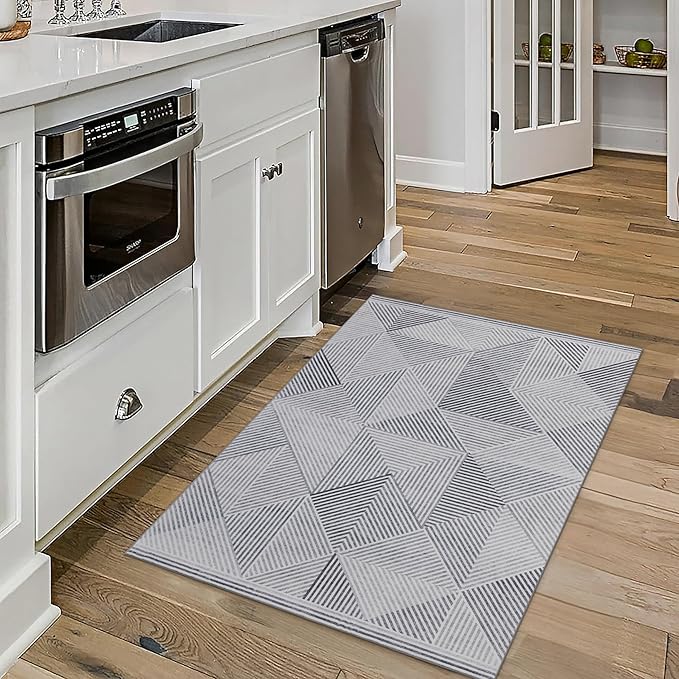 ReaLife Rugs Machine Washable Area Rug - Living Room Bedroom Bathroom Kitchen Entryway Office - Padded Crease Free Stain Resistant Premium - Modern Geometric Contemporary- Miles- Gray - 2'x 3'