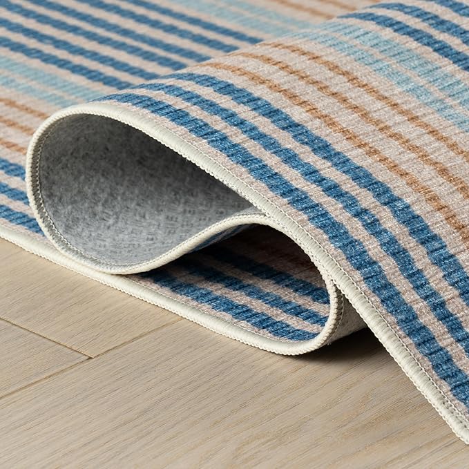 Dash & Albert Tyne Blue Machine Washable Rug, 4 X 6 Feet, Blue/Tan Stripe Pattern
