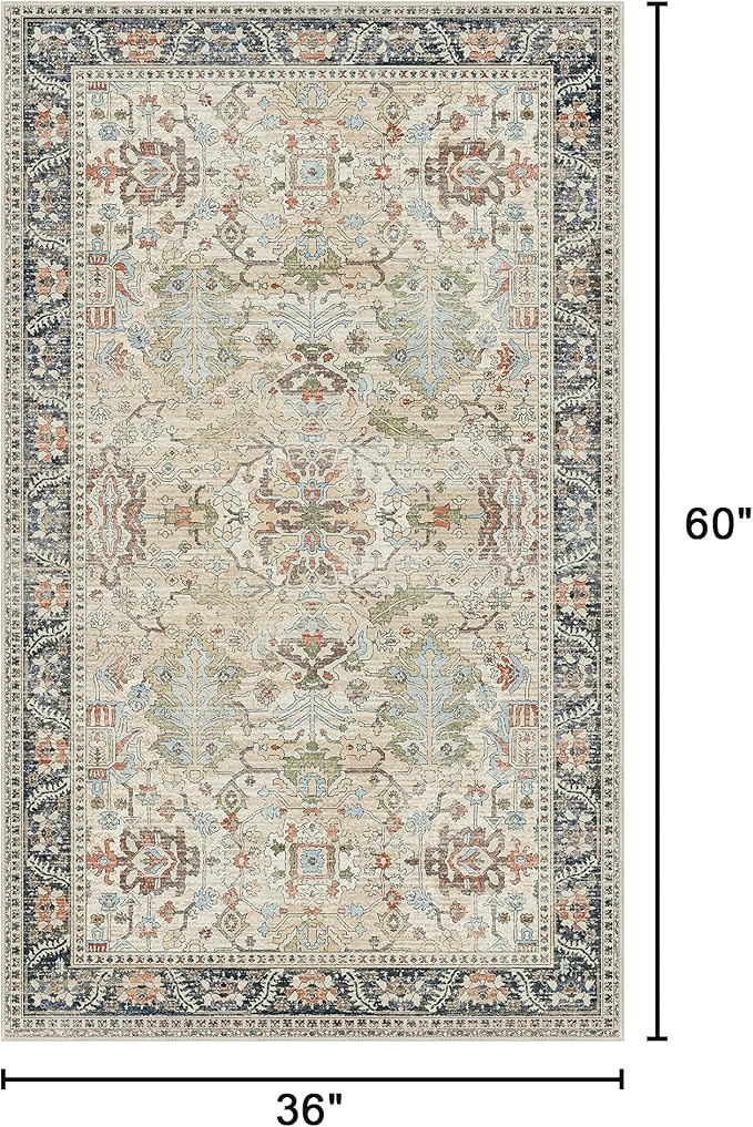 Bavni Area Rug 3x5, Non-Slip Washable Rugs for Living Room Office, Boho Distressed Printed Rug, Low Pile Foldable Decorative Carpet for Bedroom Kitchen Office, Ivory/Teal