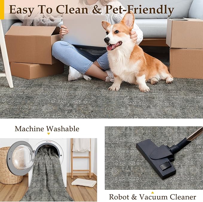 Vintage Area Rug 4x5 Grey Brown Entryway Office Washable Carpet Non Slip Bedroom Indoor Living Room Door Mat Low Pile Traditional Distressed Retro Accent Rug for Dining Room Bathroom Kitchen