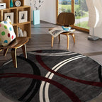 Rugshop Modern Wavy Circles Design Non-Shedding Round Rug, Carpet for Dining Room or Living Room, Red, 6'6" Round