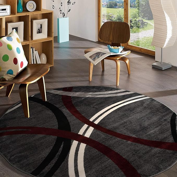 Rugshop Modern Wavy Circles Design Non-Shedding Round Rug, Carpet for Dining Room or Living Room, Red, 6'6" Round