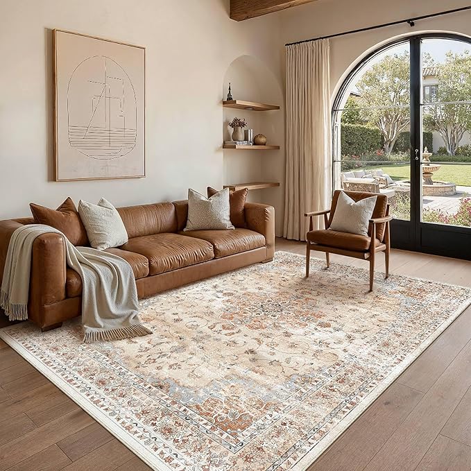 HUGEAR Machine Washable Area Rugs 5x7 Vintage Orange Living Room Bedroom Rug Neutral Style Non Slip Stain Resistant Low Pile Throw Carpet for Home Retro Aesthetic Modern Decor