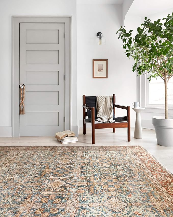 Loloi Layla Collection LAY-04 Ocean/Rust 7'-6" x 9'-6" .13" Thick Area Rug, Soft, Durable, Vintage Inspired, Distressed, Low Pile, Non-Shedding, Easy Clean, Printed, Living Room Rug