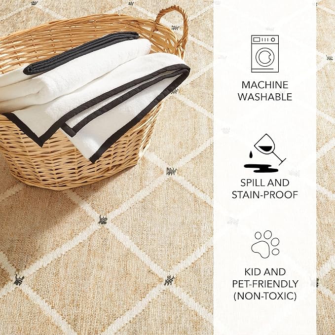 Dash and Albert Kali Machine Washable Area Rug - 6' x 9' Natural - Diamond Accent Rug - Anti-Slip Backing, Lightweight, Machine Washable, High Traffic Areas Kitchen, Mudroom, Laundry Room