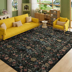 DUKINO 6x9 Rugs for Living Room, Vintage Washable Rug with Non Slip Backing, Floral Low Pile & Non-Shedding Large Area Carpets for Bedroom, Dining Room, Farmhouse, Home Office, Black